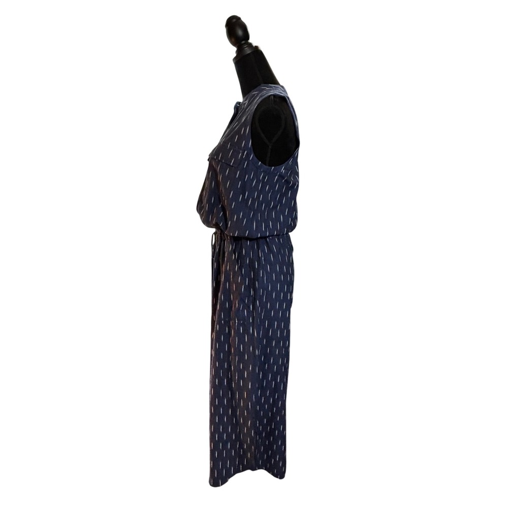 Faherty‎ Women XS Blue Ikat Print Sleeveless Linen Midi Dress Drawstring Waist - Picture 8 of 16